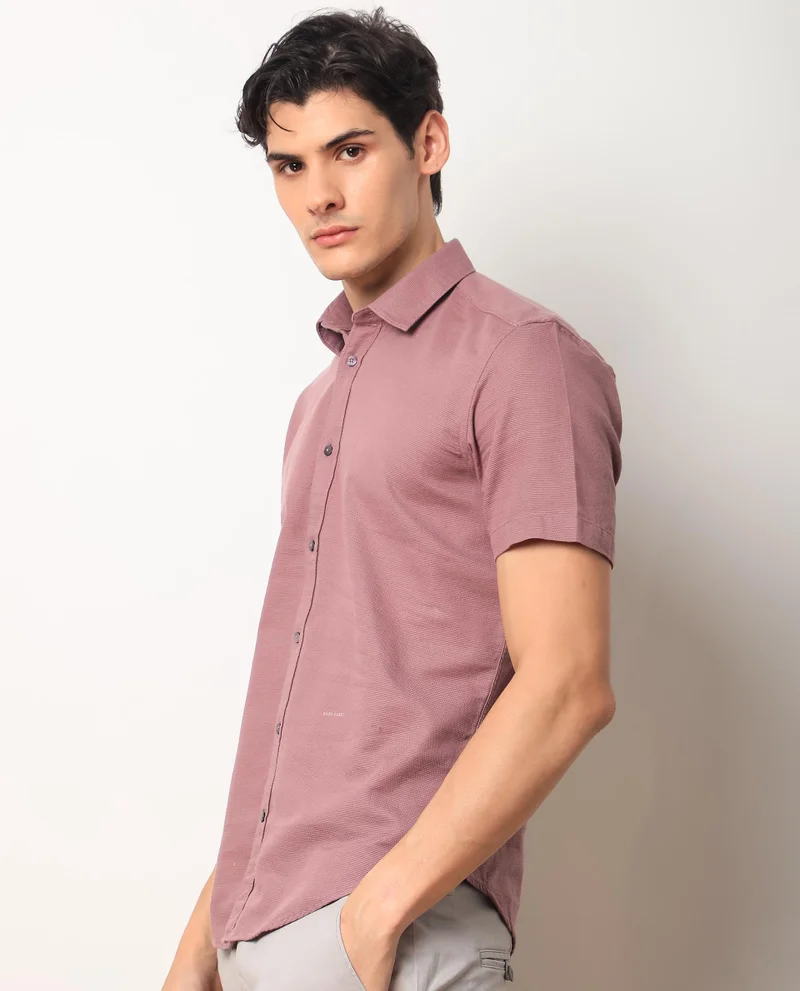 Rare Rabbit Rare Rabbit Men's Rissa Dusky Pink Cotton Fabric Half Sleeves Solid Dobby Shirt