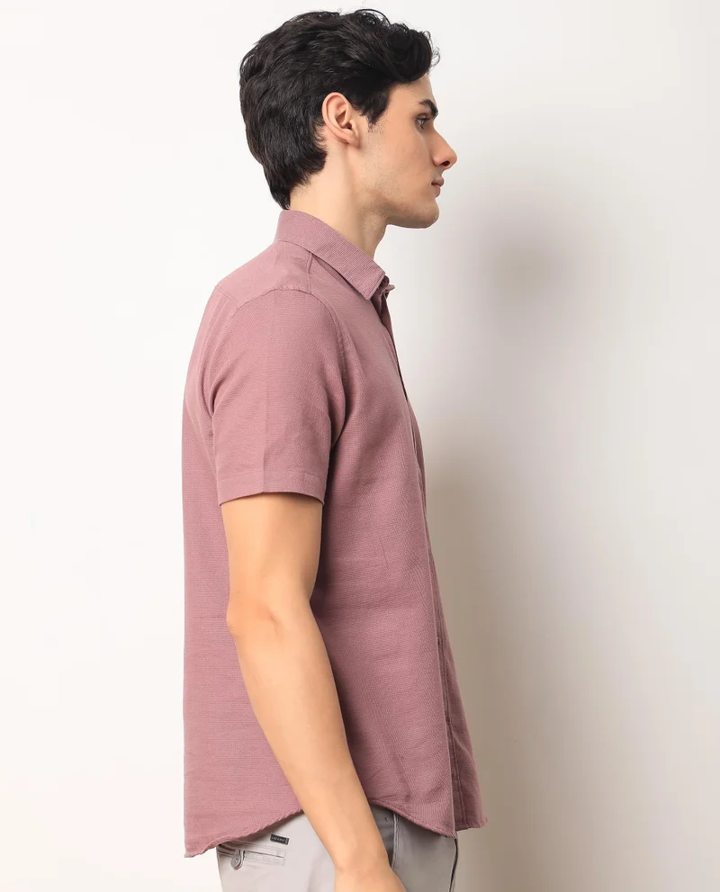 Rare Rabbit Rare Rabbit Men's Rissa Dusky Pink Cotton Fabric Half Sleeves Solid Dobby Shirt