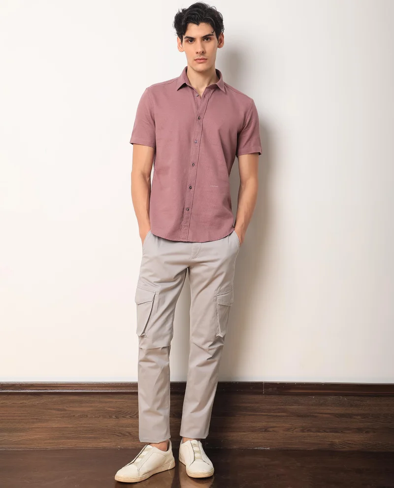 Rare Rabbit Rare Rabbit Men's Rissa Dusky Pink Cotton Fabric Half Sleeves Solid Dobby Shirt