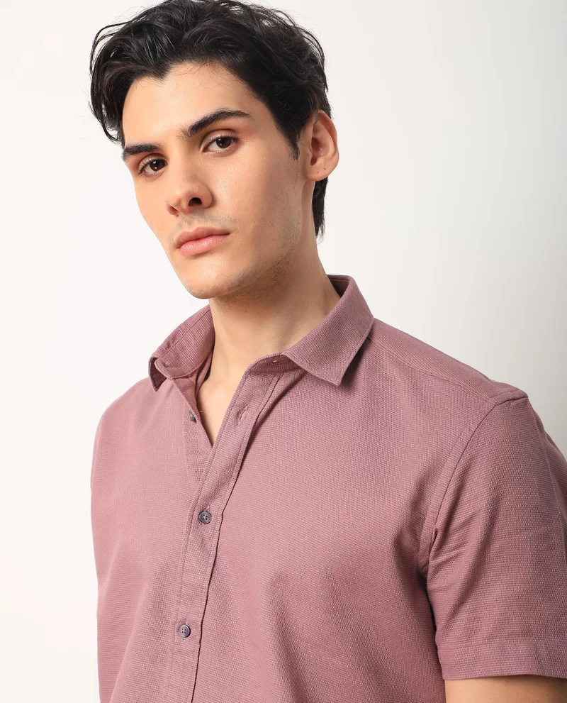 Rare Rabbit Rare Rabbit Men's Rissa Dusky Pink Cotton Fabric Half Sleeves Solid Dobby Shirt