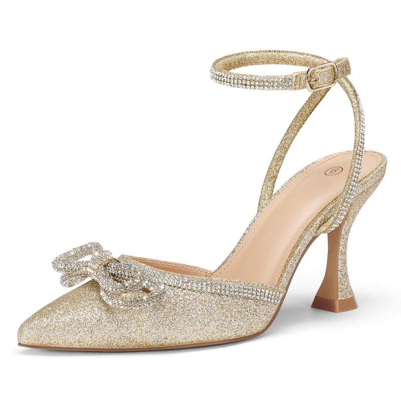 mysoft Women's Rhinestone Bow Pumps Wedding Dress Shoes Pointed Toe Ankle Strap Kitten Heels Gold - Image 1
