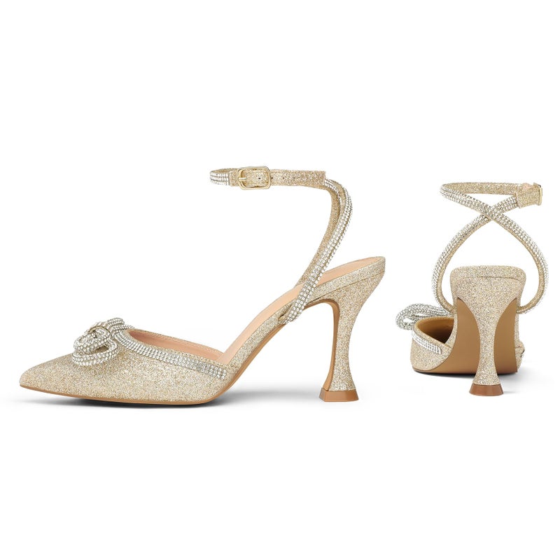 mysoft Women's Rhinestone Bow Pumps Wedding Dress Shoes Pointed Toe Ankle Strap Kitten Heels Gold - Image 4
