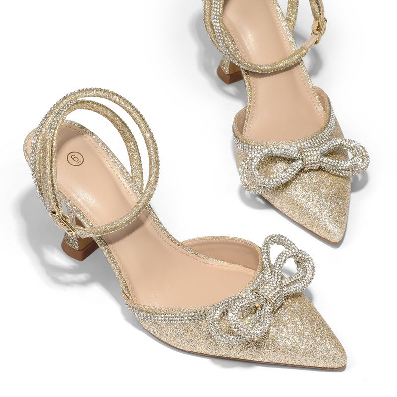 mysoft Women's Rhinestone Bow Pumps Wedding Dress Shoes Pointed Toe Ankle Strap Kitten Heels Gold - Image 3