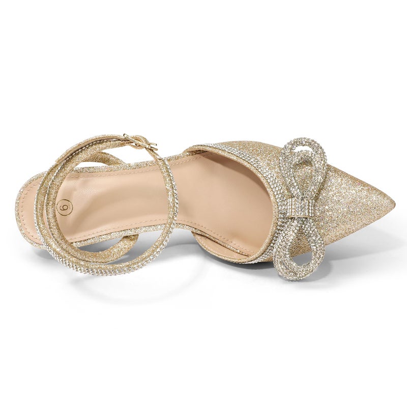 mysoft Women's Rhinestone Bow Pumps Wedding Dress Shoes Pointed Toe Ankle Strap Kitten Heels Gold - Image 5