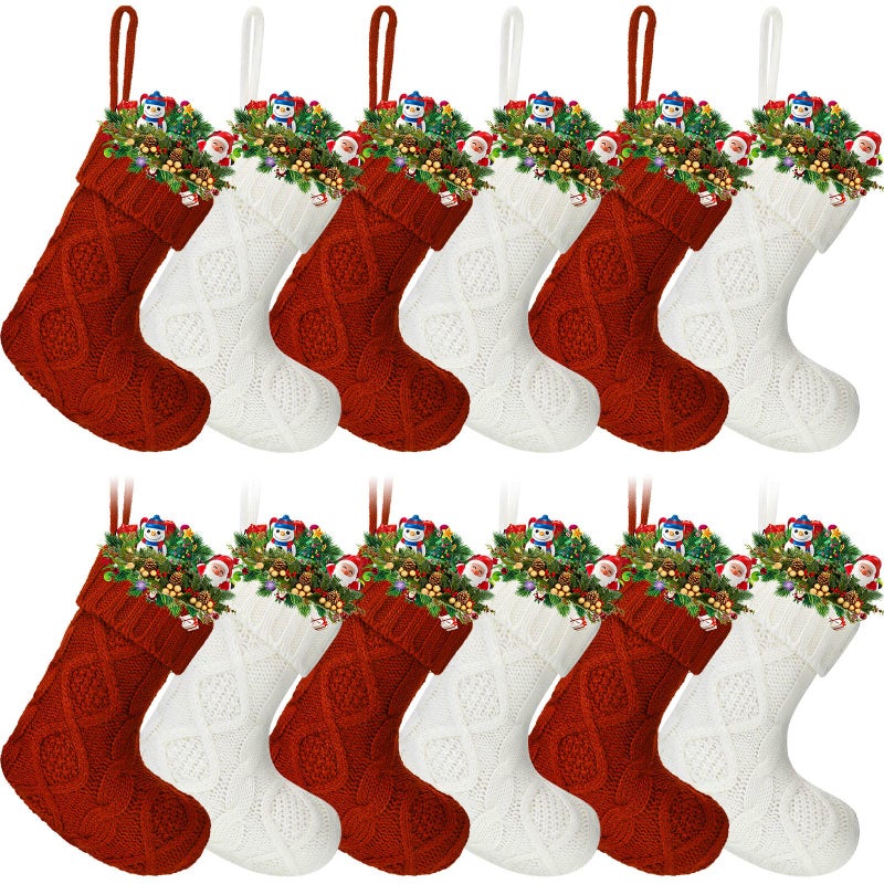 Zubebe Pack of 12 Mini Knit Christmas Stockings 6 Inch Knitted Xmas Family Holiday Hanging Cable Stocking Gifts Decorations for Fireplace Tree DecorBurgundy and White - Image 2