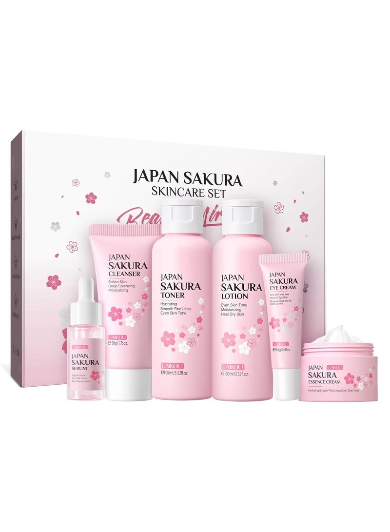 SAKURA 6Pcs Set Sakura Cherry Blossom Day & Night Moisturizing Gift Set - Formaldehyde-Free, Deep Cleansing, Nourishing Skin Care for Dry & Combination Skin - Image 1