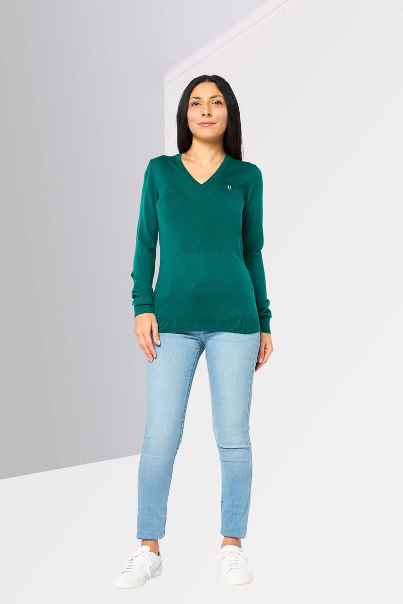 Harmont & Blaine Harmont  Blaine Sport Women V Neck Embroidered Logo Long Sleeve Sweater, Green - Image 3