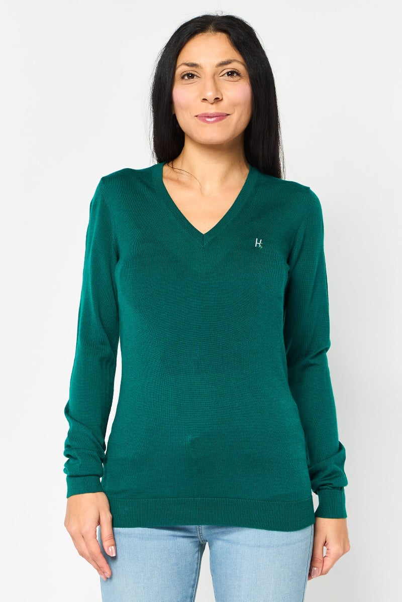 Harmont & Blaine Harmont  Blaine Sport Women V Neck Embroidered Logo Long Sleeve Sweater, Green - Image 1