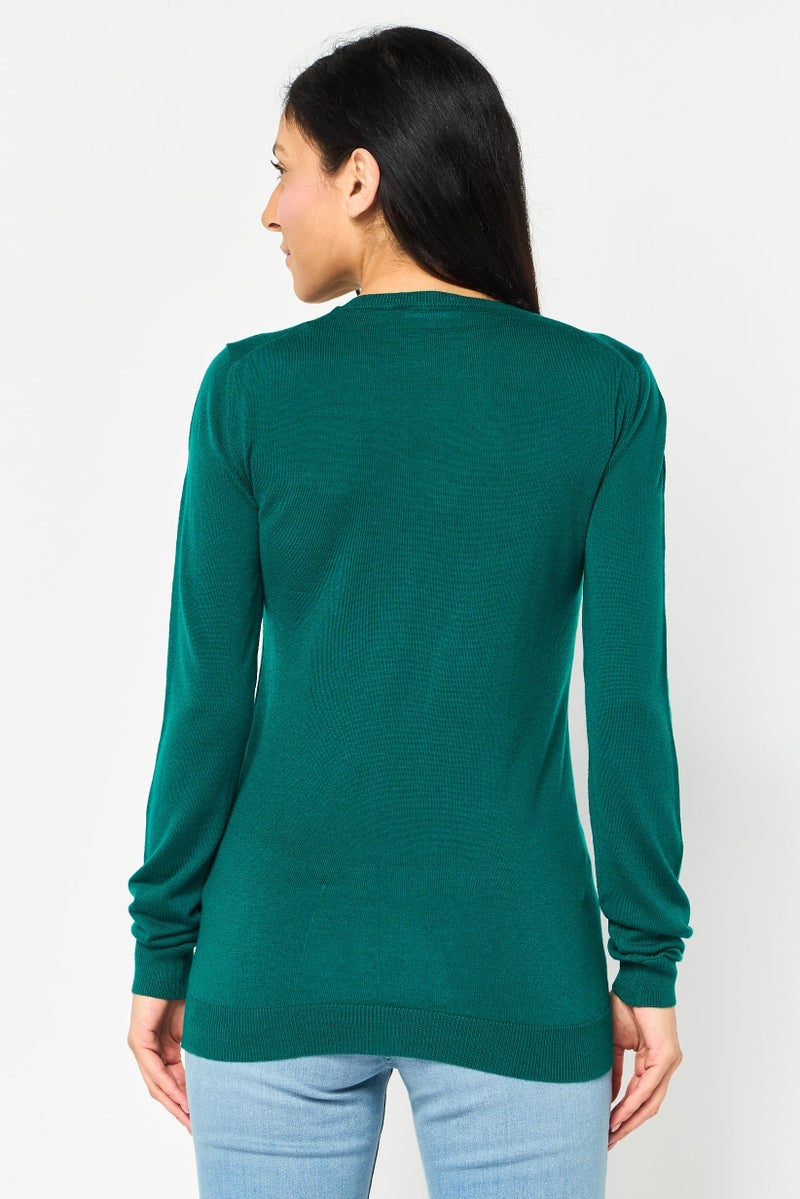 Harmont & Blaine Harmont  Blaine Sport Women V Neck Embroidered Logo Long Sleeve Sweater, Green - Image 2