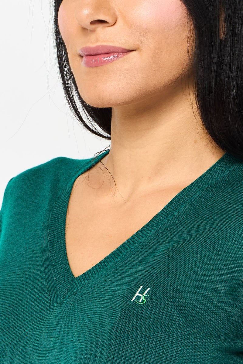Harmont & Blaine Harmont  Blaine Sport Women V Neck Embroidered Logo Long Sleeve Sweater, Green - Image 4
