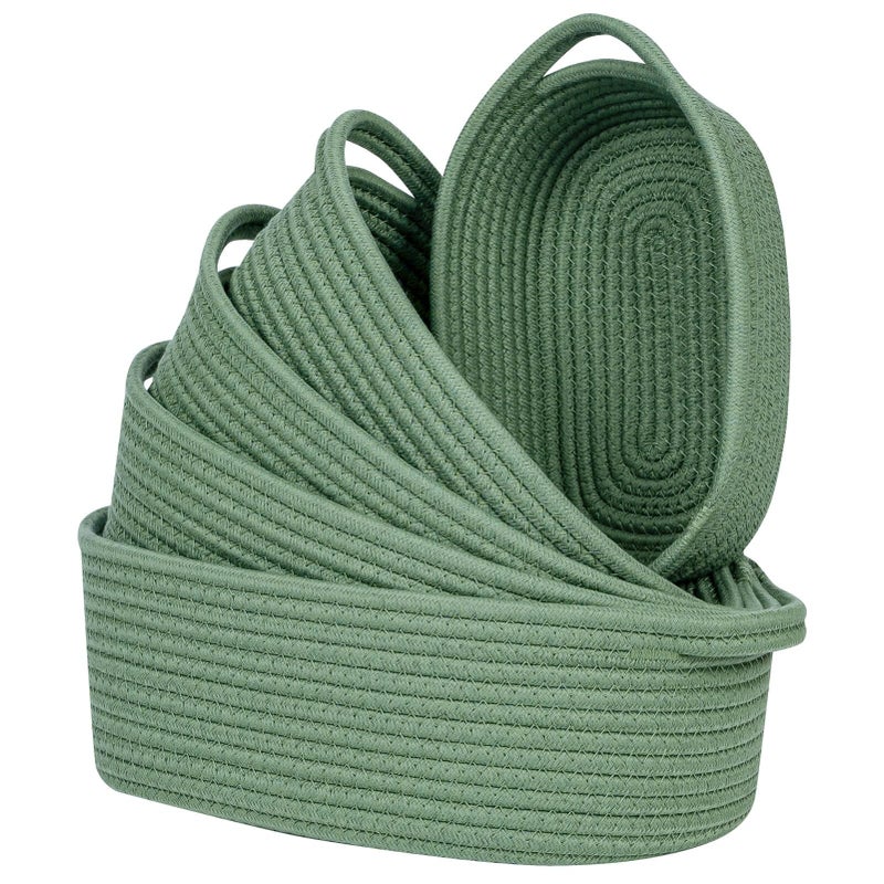 CubesLand CubesLand Small Cotton Rope Storage Basket Set 5 Shelves Baskets for Organizing with Handle Decorative Closet Storage Bins for Countertop Toilet Paper Basket for Toilet Tank TopGreen Basket 