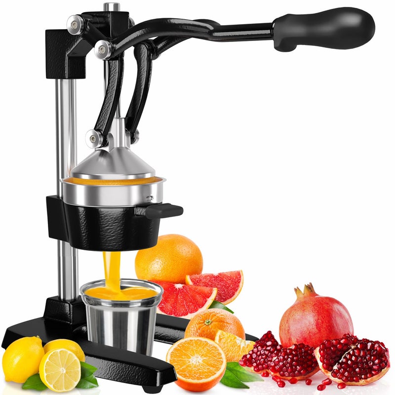 EUROLUX Eurolux Cast Iron Citrus Juicer  ExtraLarge Commercial Grade Manual Hand Press  Heavy Duty Countertop Squeezer for Fresh Orange Juice Bonus Stainless Steel Cup Black 