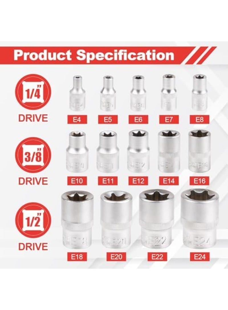 SYOSI 14-Piece E-TORX Socket Set, Premium External Torx Star Socket Set, Professional Automotive & Mechanical Tool Kit with 1/4", 3/8", 1/2" Drive, E4 - E24 Sizes, Includes Durable Storage Case - Image 3