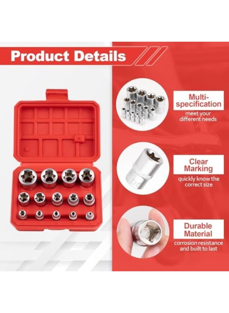 SYOSI 14-Piece E-TORX Socket Set, Premium External Torx Star Socket Set, Professional Automotive & Mechanical Tool Kit with 1/4", 3/8", 1/2" Drive, E4 - E24 Sizes, Includes Durable Storage Case - Image 4