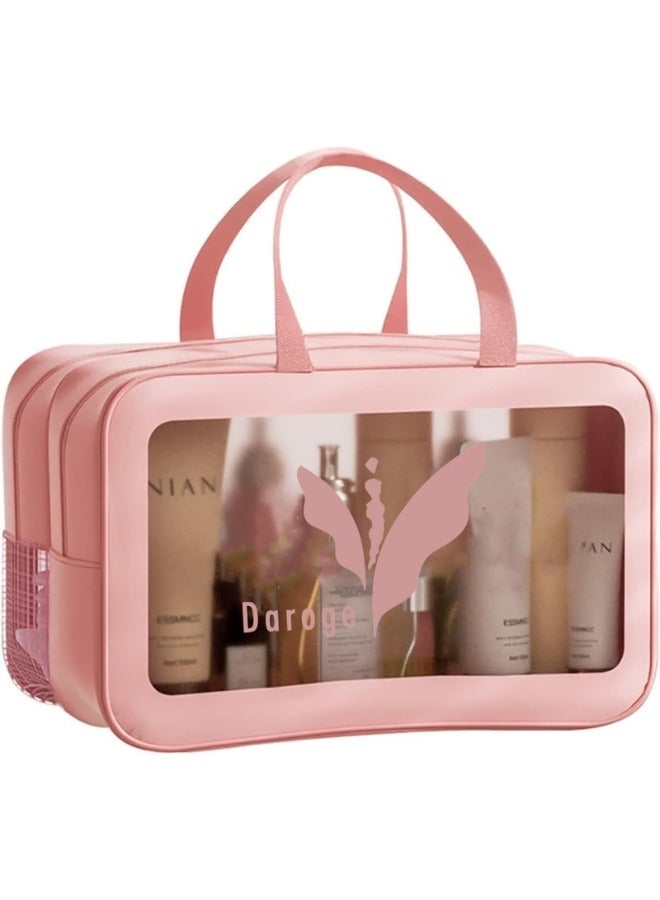 daroge 2 Layer Transparent Cosmetic Bag For Girl/Women Pink - Image 1