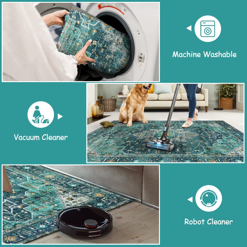 Moynesa Ultra-Thin Washable Area Rug - 2x3 Teal Small Entryway Rug Front Indoor Doormat, Boho Non-Slip Stain Resistance Low Pile Accent Carpet for Kitchen Bathroom Home Laundry Room Hall Decor - Image 3