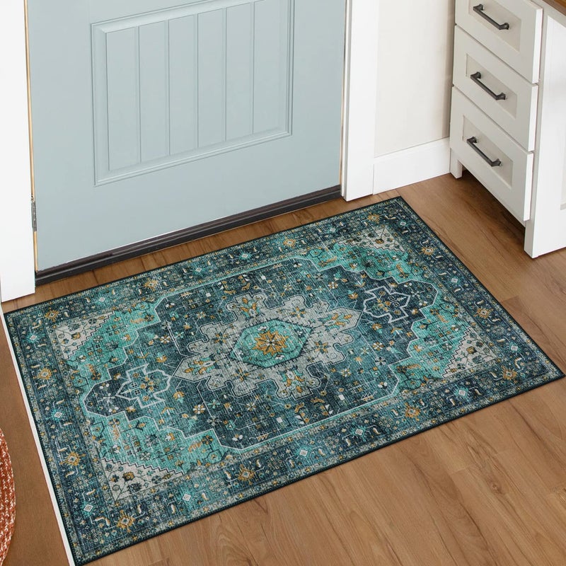 Moynesa Ultra-Thin Washable Area Rug - 2x3 Teal Small Entryway Rug Front Indoor Doormat, Boho Non-Slip Stain Resistance Low Pile Accent Carpet for Kitchen Bathroom Home Laundry Room Hall Decor - Image 1