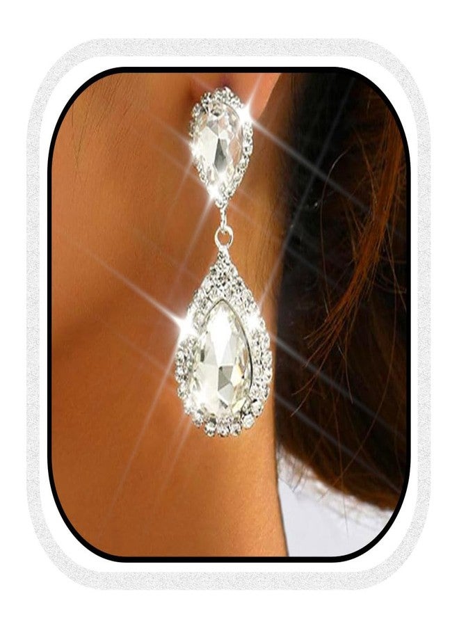 Unicra Silver Rhinestone Teardrop Earrings Crystal Wedding Bridal Dangle Earrings Prom Drop Earrings for Women and Brides (Silver) - Image 1