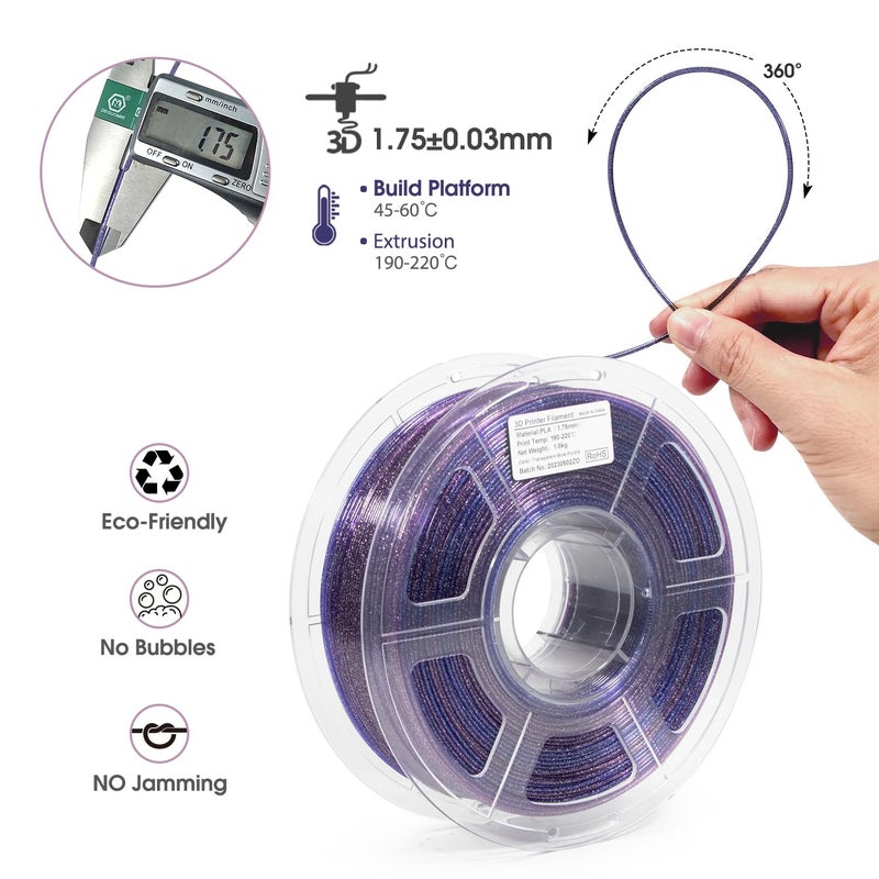 iSANMATE 3D Printer Filament Clear PLA, Multicolor Transparent Transition Glitter Filament, Gradient Purple Blue Multicolor PLA Filament, 3D Printing Filament 1KG/2.2lb, Blue Violet Galactic - Image 2