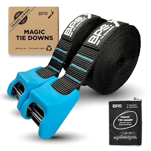 BPS ‘Magic’ Tie Down Straps for Roof Rack - ‘No Scratch’ 15 feet Tie Downs 2-Pack Surfboard Straps Silicone Buckle Cover with Storage Bag Made from Recycled Plastics – SUP Kayak Canoe Paddle Board - Image 1