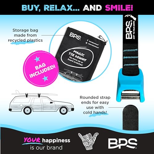 BPS ‘Magic’ Tie Down Straps for Roof Rack - ‘No Scratch’ 15 feet Tie Downs 2-Pack Surfboard Straps Silicone Buckle Cover with Storage Bag Made from Recycled Plastics – SUP Kayak Canoe Paddle Board - Image 4