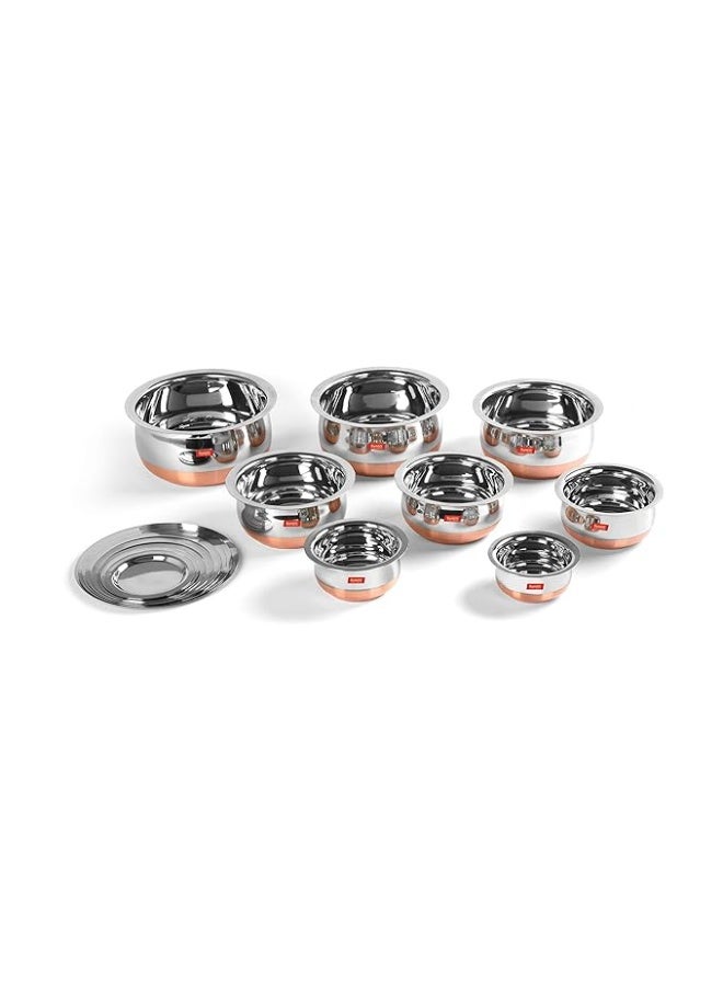 Sumeet Stainless Steel Copper Bottom Belly Shape 8 Pc Tope/Cookware/Pot Set with Lid 380ML, 500ML, 780ML, 1.1Ltr, 1.4Ltr, 1.75Ltr, 2.4Lt, 3.1 Ltr (Silver) - Image 4