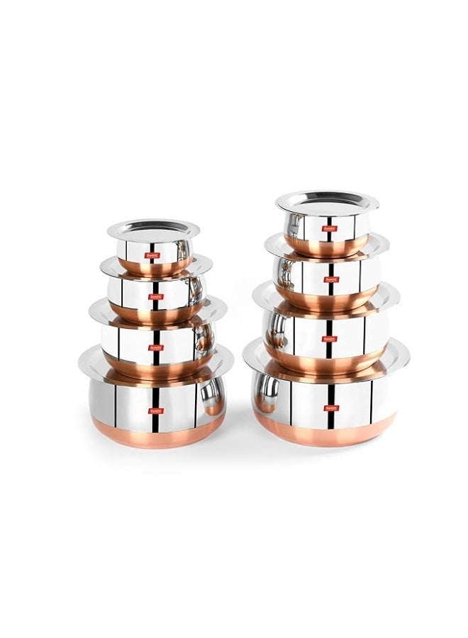 Sumeet Stainless Steel Copper Bottom Belly Shape 8 Pc Tope/Cookware/Pot Set with Lid 380ML, 500ML, 780ML, 1.1Ltr, 1.4Ltr, 1.75Ltr, 2.4Lt, 3.1 Ltr (Silver) - Image 1