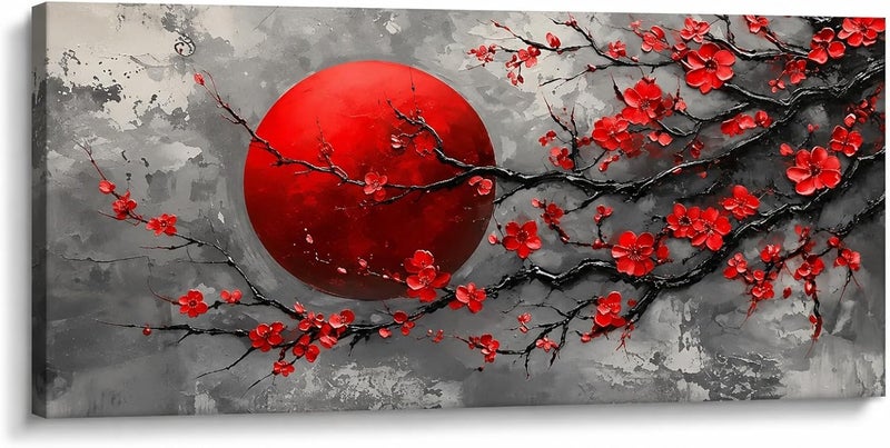 ARS Modern Red Blossom Canvas Wall Art, CM Premium Abstract Cherry Blossom & Crimson Sun Painting, Contemporary Floral Artwork for Living Room, Bedroom, Office & Home Décor - Image 1