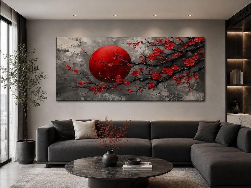 ARS Modern Red Blossom Canvas Wall Art, CM Premium Abstract Cherry Blossom & Crimson Sun Painting, Contemporary Floral Artwork for Living Room, Bedroom, Office & Home Décor - Image 2