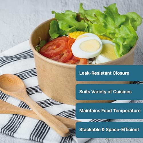 Kaagat® Disposable Round Paper Containers with Lids | Takeout Containers for Hot/Cold Foods, Soup, Salad, Dessert, Pasta, Noodles | Microwavable, Leak-Proof Food Storage Containers- 1000ml, 25 Pack - Image 5