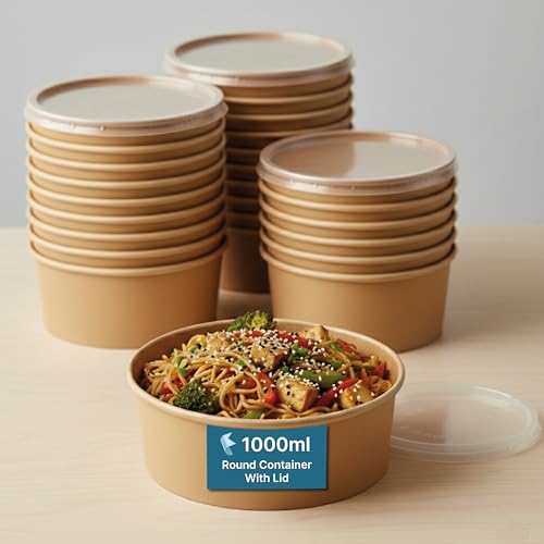 Kaagat® Disposable Round Paper Containers with Lids | Takeout Containers for Hot/Cold Foods, Soup, Salad, Dessert, Pasta, Noodles | Microwavable, Leak-Proof Food Storage Containers- 1000ml, 25 Pack - Image 1