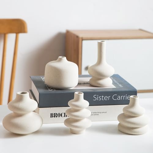 Tenforie Small White Ceramic Vases Set of 5, Mini Decorative Boho Vases for Flower, Wedding & Home Decor - Image 1