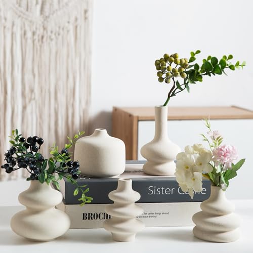 Tenforie Small White Ceramic Vases Set of 5, Mini Decorative Boho Vases for Flower, Wedding & Home Decor - Image 2