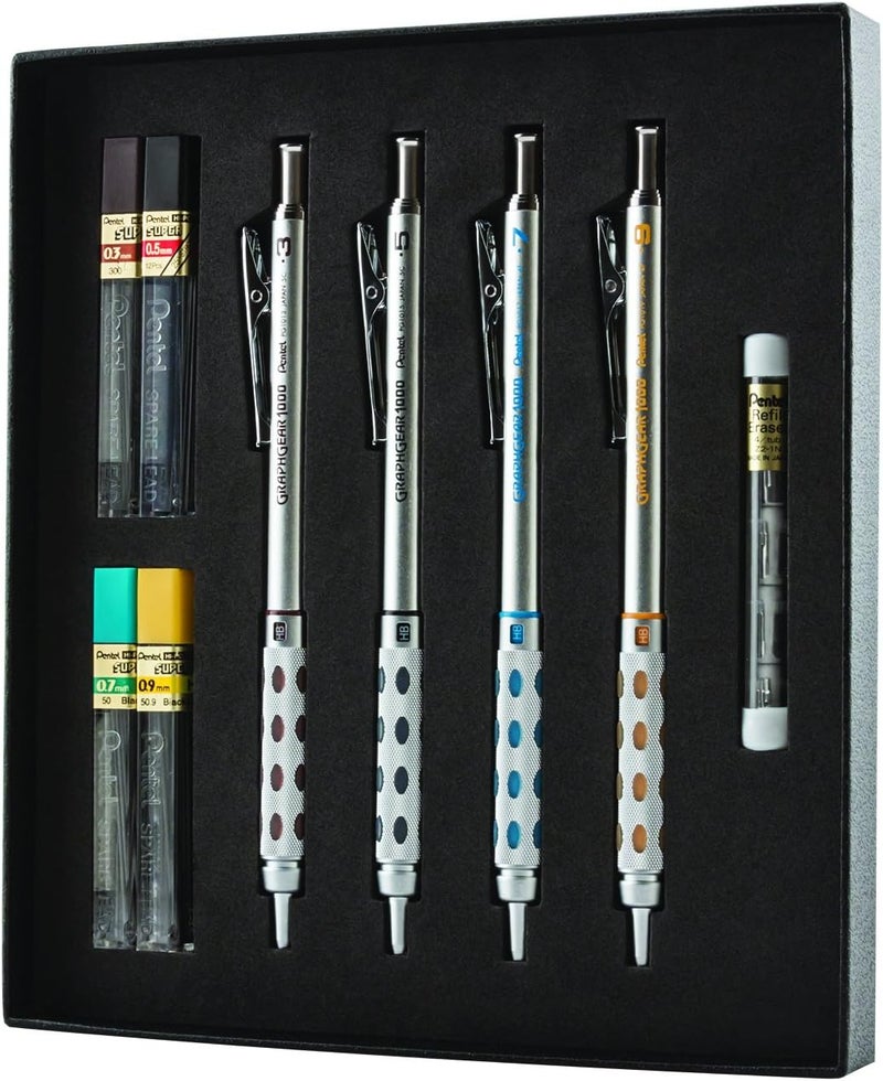 بنتل مجموعة هدايا فاخرة Arts GraphGear 1000 مع رصاص إعادة تعبئة وممحاة (PG1000BXSET)، أسود، 0.3 مم، 0.5 مم، 0.7 مم، 0.9 مم - Image 1