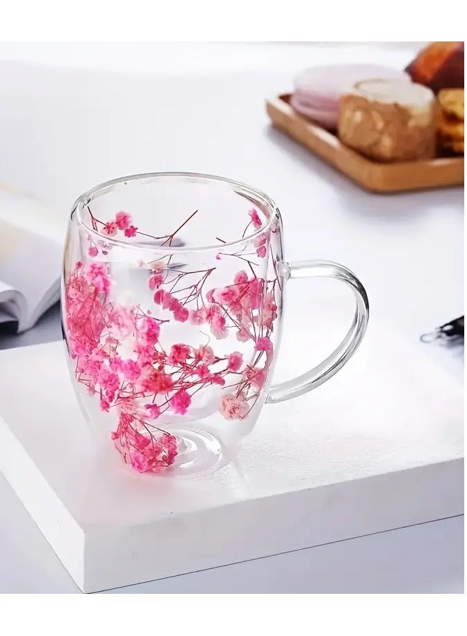 Serenova 2 Pcs Double Wall Insulated Glass Coffee Mugs with Handle – Heat Resistant Borosilicate Cups for Hot & Cold Beverages – Floral Design Espresso, Latte, Tea Cups - Image 3