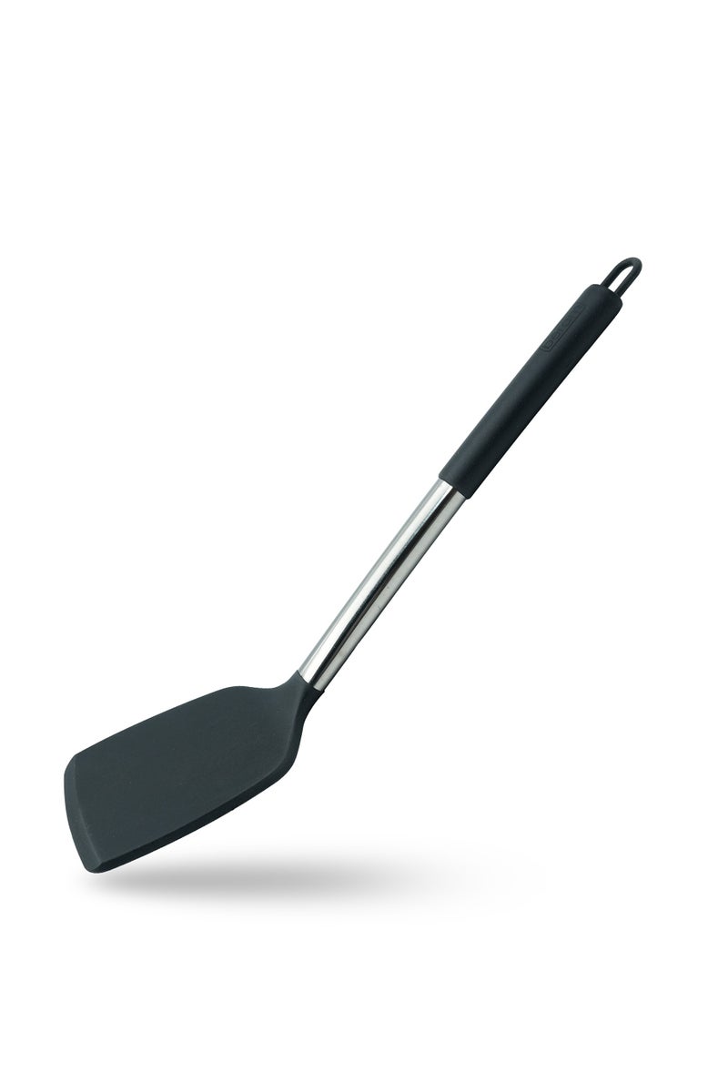 Beram Silicone Turner with Stainless Steel Handles Heat Resistant Kitchen Utensil Non-Stick Safe BPAFree Cooking Tools Spatulas–Black (Single Turner) - Image 1