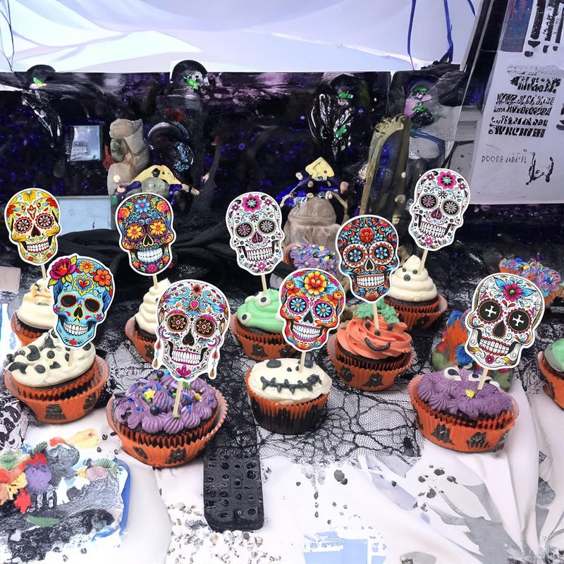 Ephlyn 32Pcs Halloween Skull Cupcake Toppers DIY Skull Cake Picks Halloween Horror Skull Cupcake Picks for Halloween Theme Baby Shower Party Cake Supplies Decoration - Image 5