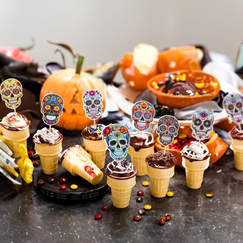 Ephlyn 32Pcs Halloween Skull Cupcake Toppers DIY Skull Cake Picks Halloween Horror Skull Cupcake Picks for Halloween Theme Baby Shower Party Cake Supplies Decoration - Image 4