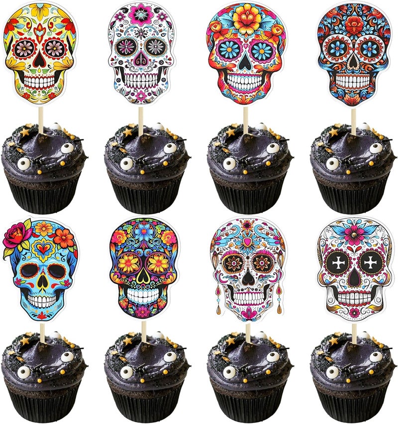 Ephlyn 32Pcs Halloween Skull Cupcake Toppers DIY Skull Cake Picks Halloween Horror Skull Cupcake Picks for Halloween Theme Baby Shower Party Cake Supplies Decoration - Image 1