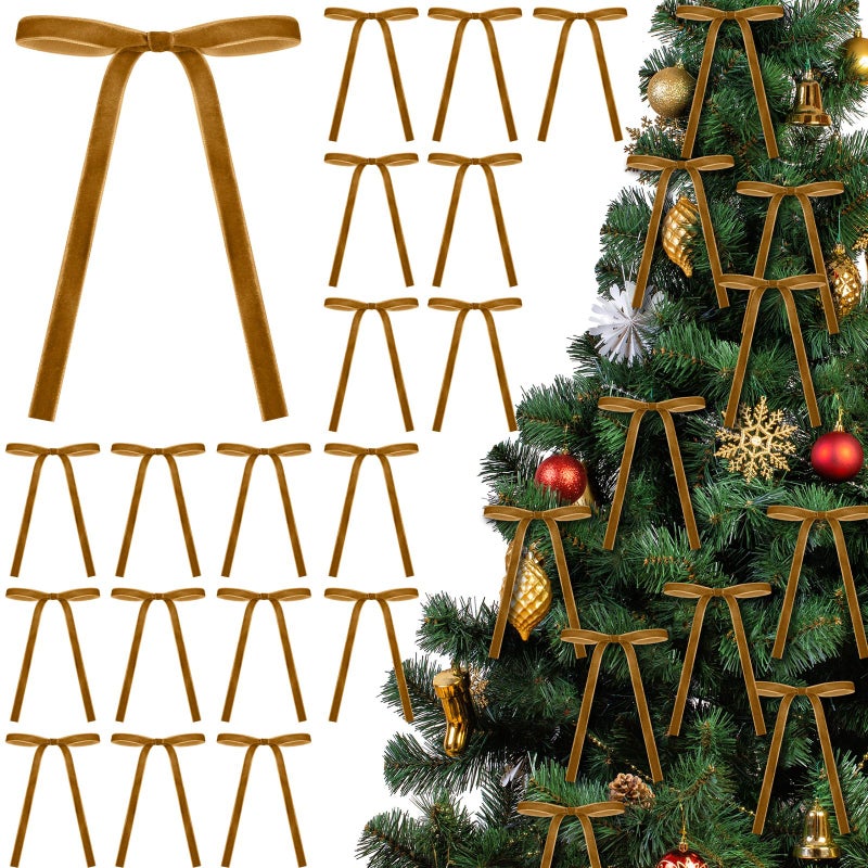 Glitinsel Khaki 24 Pcs Velvet Bows Christmas Tree Ornaments Valentines Day Bows Decoration for Garland Home Coquette Wedding Decor 5 x 7 InchWidth of 38