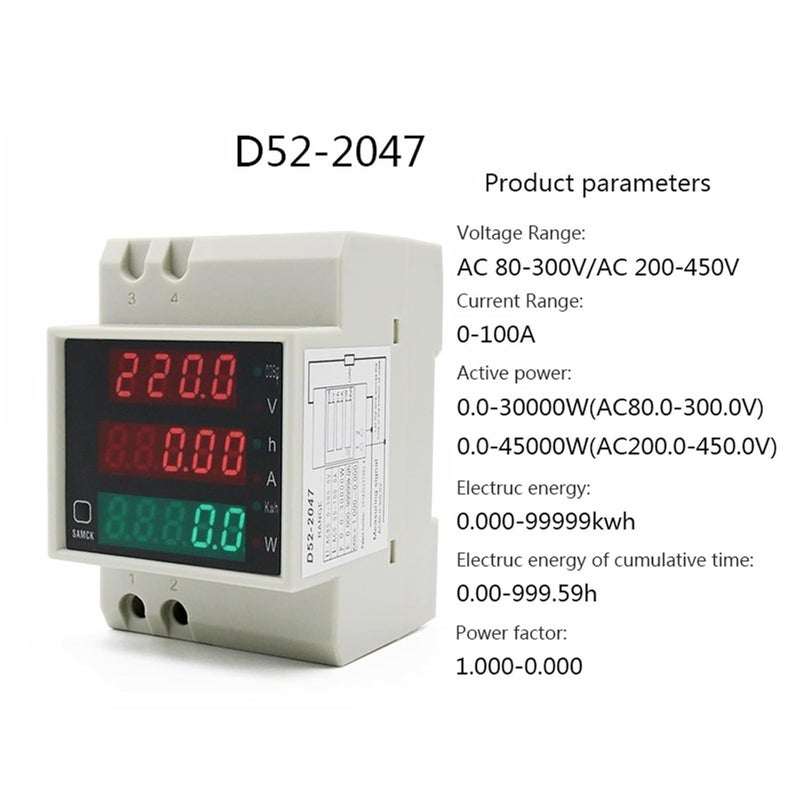 DIN-Rail Meter AC80-300V AC200-450V 100A Digital LED Voltage Current Active Power Factor Energy Meter Voltmeter(D52-2047,AC 200-450V) - Image 2