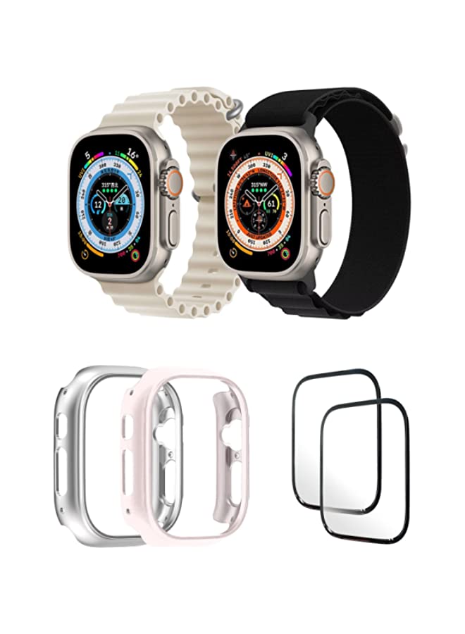 IAF Silicone Ocean Band Strap for iWatch Ultra 8 49mm,Nylon G-hook Loop Buckle Watch Strap Pearl White/Black , Case Compatible with iWatch Ultra 49mm Silver/Pink ,2* pcs Watch glass Set of 6