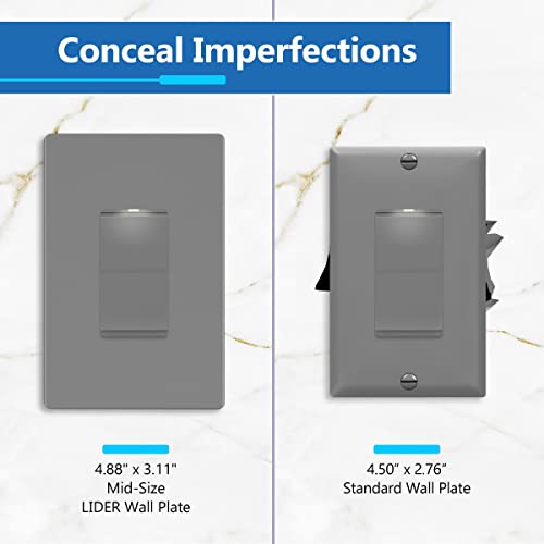 LIDER Matte Finish Decorator Switch Cover, Screwless Wall Plate, Mid-Size 1-Gang 4.88" x 3.11", Unbreakable Polycarbonate Thermoplastic, UL Listed, LSWP-31M-GY, Gray - Image 4