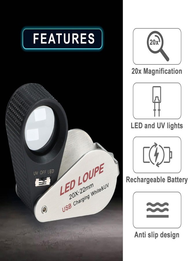 DANOPLUS Jewelers Loupe 20X Rechargeable Magnifier with 12 LED&UV Light, Foldable Loupe 0.87inches Lens Jewelry Loop Magnifier, Illuminated Jewelers Loop for Coins, Stamps, Watches, and Gems - Image 4