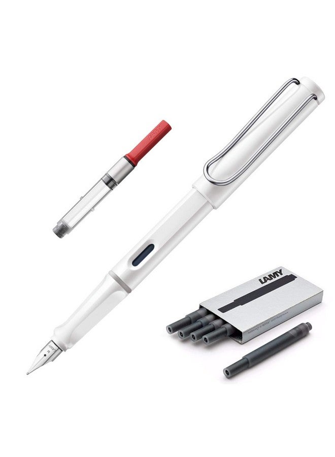 Lamy Safari | White | Fine Nib | 5 Black Ink Cartridges, Z28 Converter and Wipe - Image 1