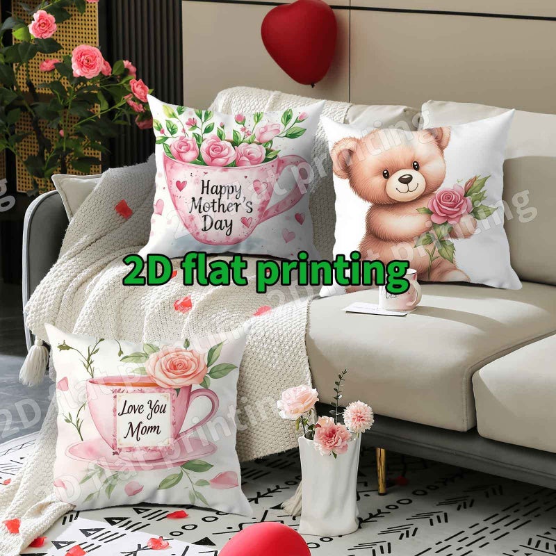 4Pcs Happy Mothers Day Throw Pillow Covers 14x14 Inch Floral Teddy Bear Motif with Pink Roses Best Mom Ever Love You Mom Text Festive Home Decor for Living Room Bedroom Ideal Gift for Mom - Image 2