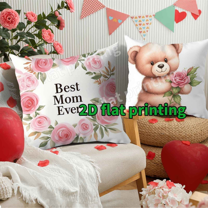 4Pcs Happy Mothers Day Throw Pillow Covers 14x14 Inch Floral Teddy Bear Motif with Pink Roses Best Mom Ever Love You Mom Text Festive Home Decor for Living Room Bedroom Ideal Gift for Mom - Image 5