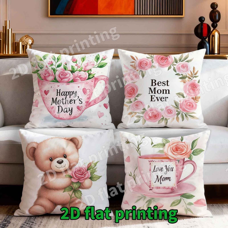 4Pcs Happy Mothers Day Throw Pillow Covers 14x14 Inch Floral Teddy Bear Motif with Pink Roses Best Mom Ever Love You Mom Text Festive Home Decor for Living Room Bedroom Ideal Gift for Mom - Image 1