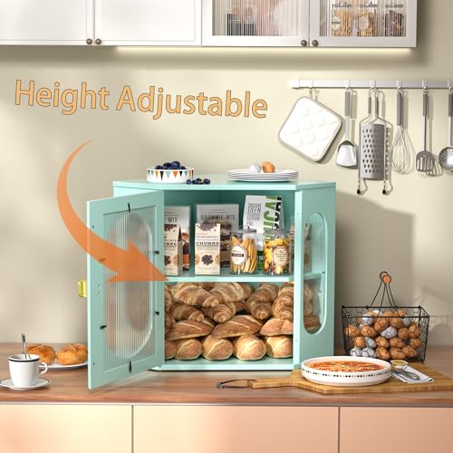 TQQDCI Corner Bread Box for Kitchen Countertop, Large Wooden Bread Box, Double Layer Bread Storage Bin, Bamboo Breadbox for Homemade Bread, Farmhouse Kitchen Organizer with Acrylic Window, Green - Image 3