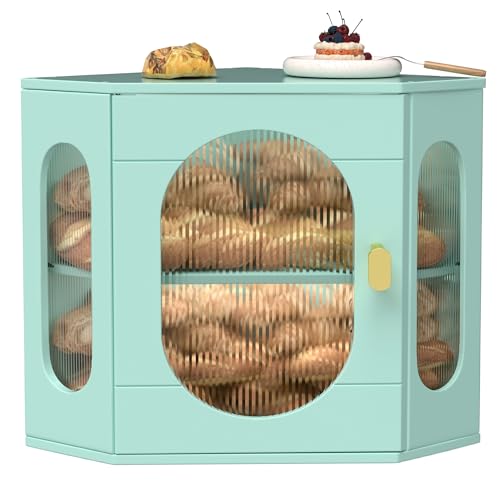 TQQDCI Corner Bread Box for Kitchen Countertop, Large Wooden Bread Box, Double Layer Bread Storage Bin, Bamboo Breadbox for Homemade Bread, Farmhouse Kitchen Organizer with Acrylic Window, Green - Image 1